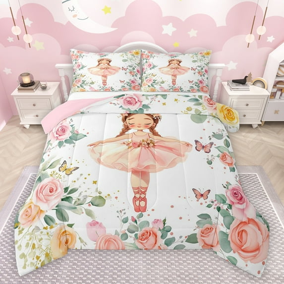 jejeloiu Kawaii Ballet Dancer Bedding Comforter Set,Rustic Flower Floral Twin Comforter Sets,Romantic Pink Rose Bedding Set For Girls Kids,Ultra Soft Home Decor Reversible,2pcs