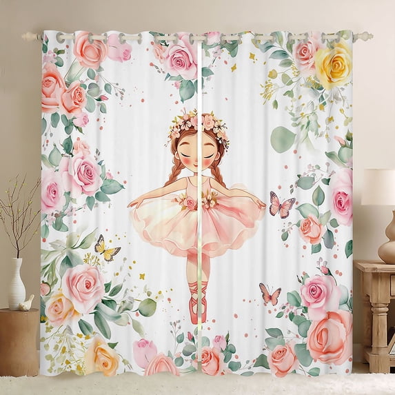 jejeloiu Kawaii Ballet Dancer Curtains Pack of 2 (42x84 Each),Rustic Flower Floral Curtains Blackout,Romantic Pink Rose Bedroom Curtains For Girls Kids,Ultra Soft Home Decor