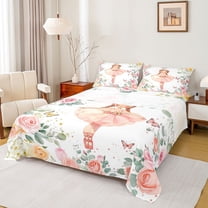 jejeloiu Kawaii Ballet Dancer Twin Sheet Sets,Rustic Flower Floral Twin Fitted Sheet,Romantic Pink Rose Flat Sheet For Girls Kids,Ultra Soft Home Decor,3pcs