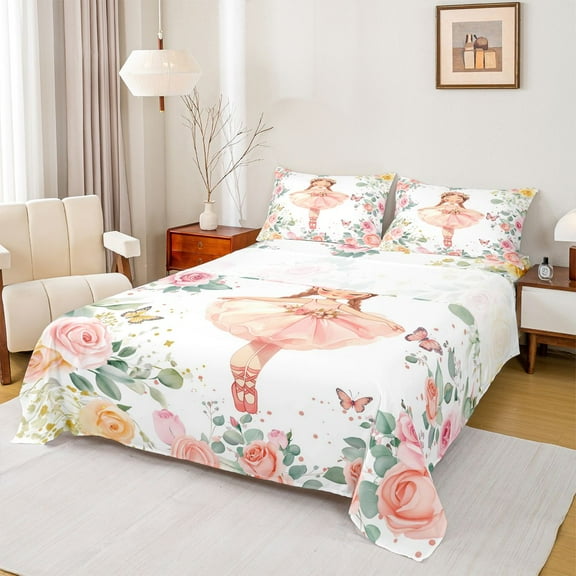 jejeloiu Kawaii Ballet Dancer Twin Sheet Sets,Rustic Flower Floral Twin Fitted Sheet,Romantic Pink Rose Flat Sheet For Girls Kids,Ultra Soft Home Decor,3pcs