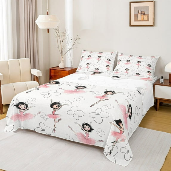 jejeloiu Kawaii Ballet Girls Queen Sheet Sets,Cartoon Ballerina Flat Sheet,Pink White Queen Fitted Sheet For Children,Lightweight Room Decor,4pcs