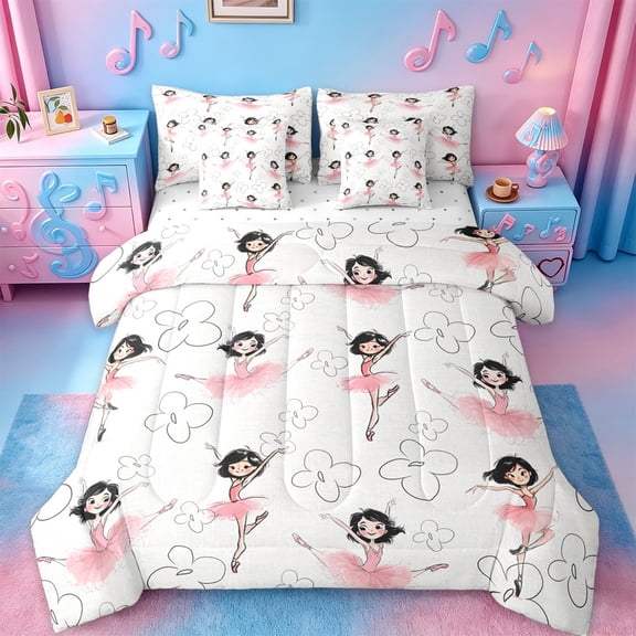 jejeloiu Kawaii Ballet Girls Twin Bedding Sets 7-Piece,Cartoon Ballerina Bedding Comforter Set,Pink White Sheet Sets For Children,Lightweight Room Decor Reversible