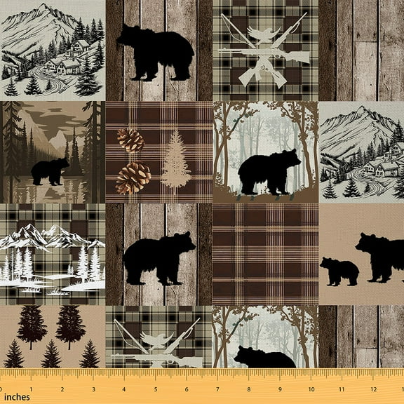 jejeloiu Kawaii Bear Fabric by the Yard 1 Yard,Patchwork Geometric Plaid Home Decor Fabric by the Yard,Country Farmhouse Lodge Sewing Fabric For Child,Luxury Bedroom Decor