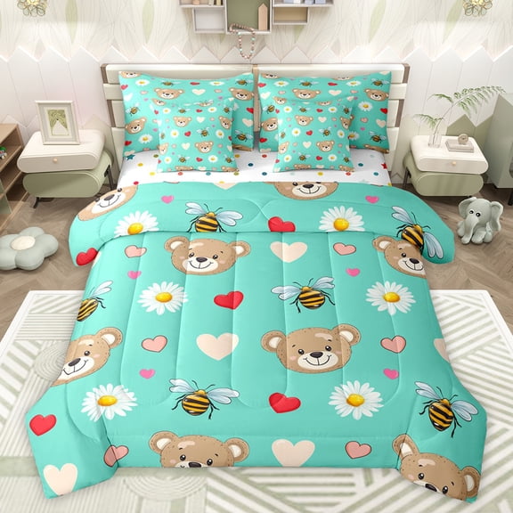 jejeloiu Kawaii Bear Loves 7pcs Bedding Comforter Set,Cute Daisy Flowers Queen Bedding Sets,Rustic Bee Queen Sheet Sets For Girls Kids,Microfiber Bedroom Decor Reversible