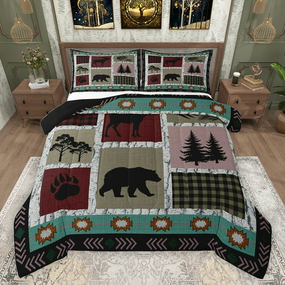jejeloiu Kawaii Bear Paws Bedding Comforter Set,Rustic Farmhouse Cabin Twin Comforter Sets,Patchwork Checkered Retro Aztec Bedding Set For Kids,Breathable Home Decor Reversible,2 Pieces