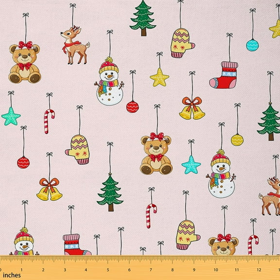 jejeloiu Kawaii Bear Snowmen Fabric by the Yard 1 Yard,Christmas Tree Home Decor Fabric by the Yard,Bell Stars Bow Sewing Fabric For Girls,,Microfiber Bedroom Decor
