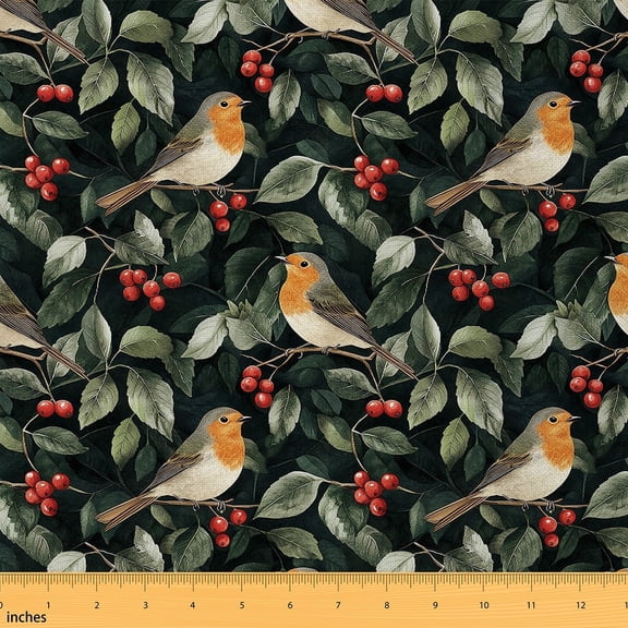 jejeloiu Kawaii Bird Berry Fabric by the Yard 1 Yard,Happy Christmas Home Decor Fabric by the Yard,Red Green Sewing Fabric For Children,Breathable Home Decor