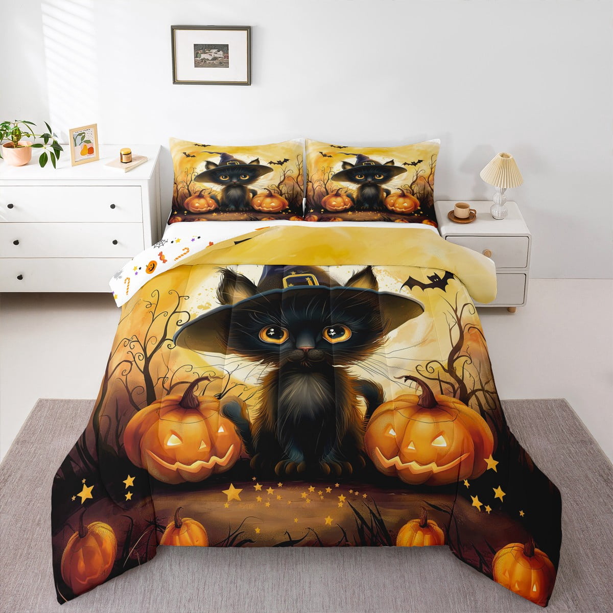 Spooky Cat Halloween 3-Piece Quilted Bedding Set NCU0PD428