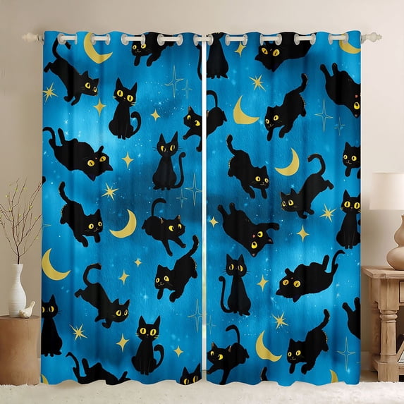 jejeloiu Kawaii Black Cat Curtains Pack of 2 (42x84 Each) Kids,Galaxy Starry Sky Curtains Blackout For Girls