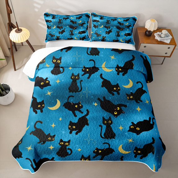 jejeloiu Kawaii Black Cat Quilt Full Kids,Galaxy Starry Sky Full Bedspread Sets For Girls,3pcs