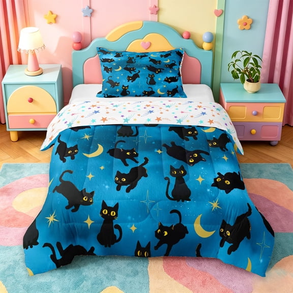 jejeloiu Kawaii Black Cat Twin Comforter Sets Kids,Galaxy Starry Sky Bedding Set For Girls,Reversible,2-Piece