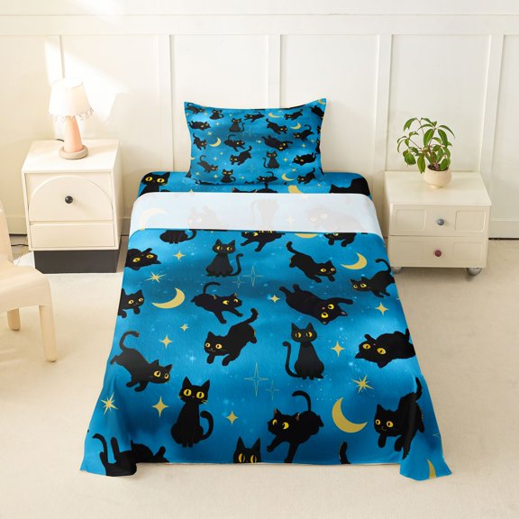 jejeloiu Kawaii Black Cat Twin Sheet Sets Kids,Galaxy Starry Sky Bedding For Girls,3-Piece