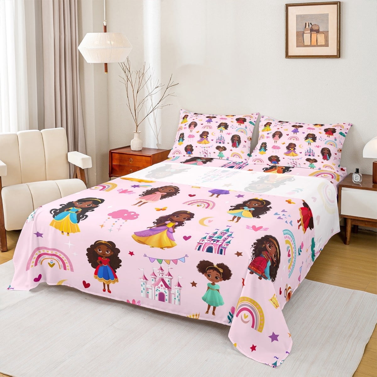 jejeloiu Kawaii Black Princess Twin Sheet Sets,Colorful Rainbow Castle ...