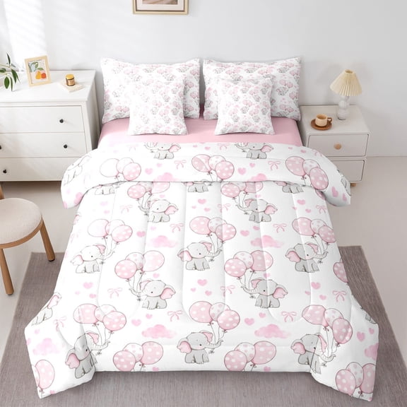 jejeloiu Kawaii Bow Balloon Bedding Comforter Set 7 Pieces,Wild Animal Elephant Full Bedding Set,Pink White Love Fitted Sheet Flat Sheet,Breathable Bedroom Decorative Reversible