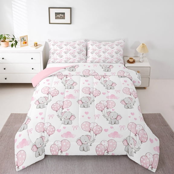 jejeloiu Kawaii Bow Balloon Bedding Comforter Set,Wild Animal Elephant Twin Comforter Sets,Pink White Love Bedding Set,Breathable Bedroom Decorative Reversible,2 Pieces