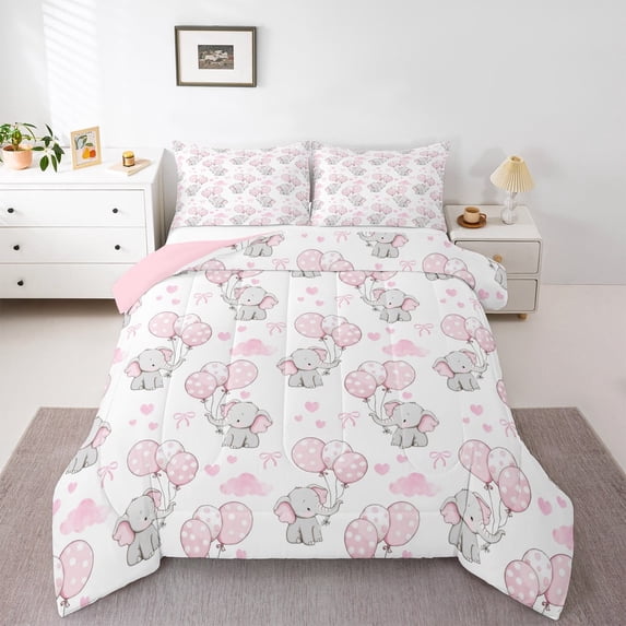 jejeloiu Kawaii Bow Balloon Bedding Comforter Set,Wild Animal Elephant Twin Comforter Sets,Pink White Love Bedding Set,Breathable Bedroom Decorative Reversible,2 Pieces