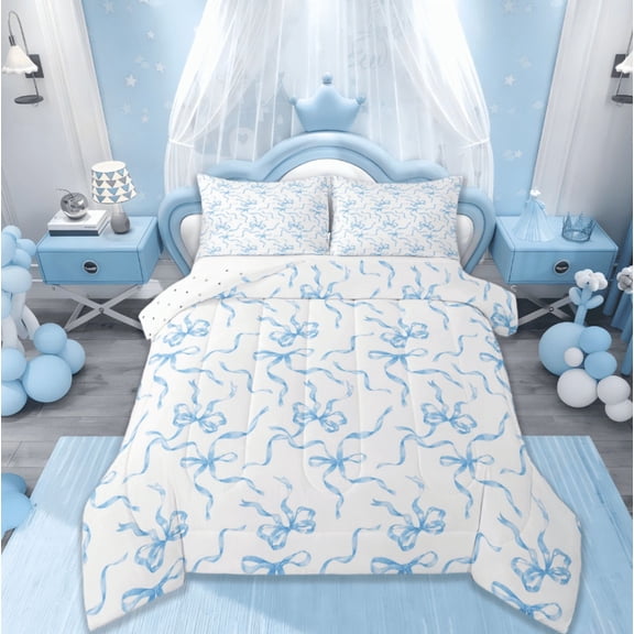 jejeloiu Kawaii Bow Bedding Comforter Set,Girls Bow Knot Twin Comforter Sets,Blue White Bedding Set,Breathable Bedroom Decorative Reversible,2-Piece