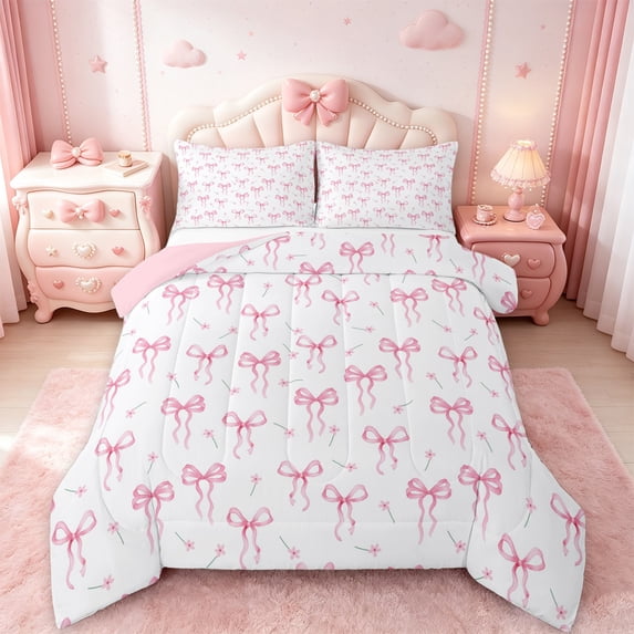 jejeloiu Kawaii Bow Bedding Comforter Set,Girls Bow Knot Twin Comforter Sets,Pink White Flower Bedding Set For Child,Breathable Bedroom Decorative Reversible,2 Pieces