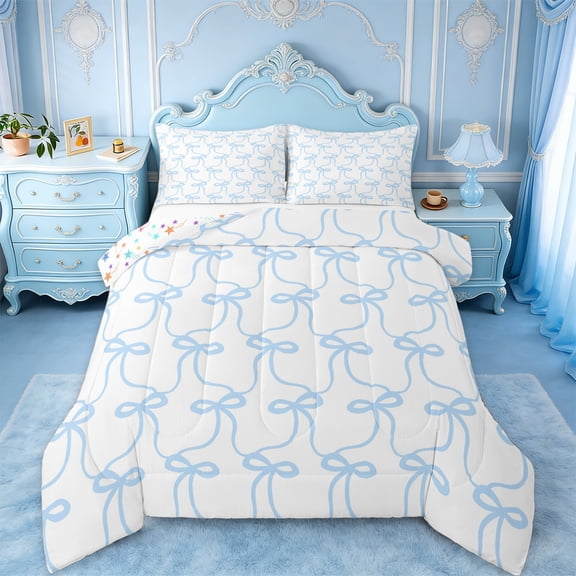 jejeloiu Kawaii Bow Bedding Comforter Set,Girls Bow Knot Twin Comforter Sets,White Blue Bedding Set For Princess,Breathable Bedroom Decorative Reversible,2-Piece