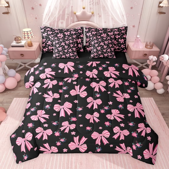 jejeloiu Kawaii Bow Bowtie 7-Piece Bedding Comforter Set,Pink Cute Flower Floral King Bedding Sets For Girls Teens Reversible