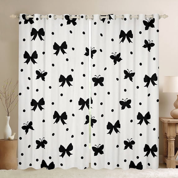 jejeloiu Kawaii Bow Curtains Pack of 2 (42x84 Each),Girls Bow Knot Curtains Blackout,White Black Dot Bedroom Curtains For Children,Breathable Bedroom Decorative