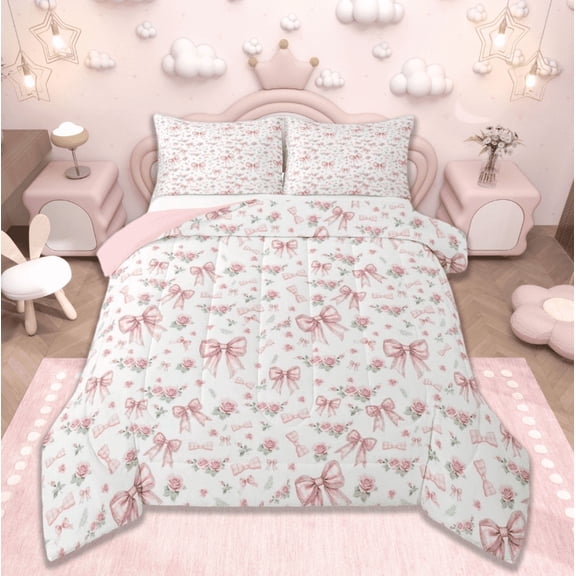 jejeloiu Kawaii Bow Flower Bedding Comforter Set,Girls Bow Knot Twin Comforter Sets,Pink White Bedding Set,Breathable Bedroom Decorative Reversible,2-Piece