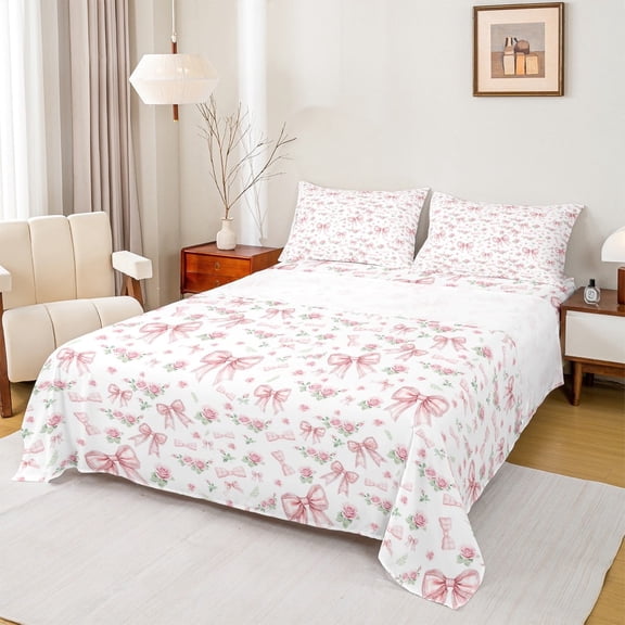jejeloiu Kawaii Bow Flower Full Size Sheets,Girls Bow Knot Bed Sheets,Pink White Sheet Sets,Breathable Bedroom Decorative,4 Pieces