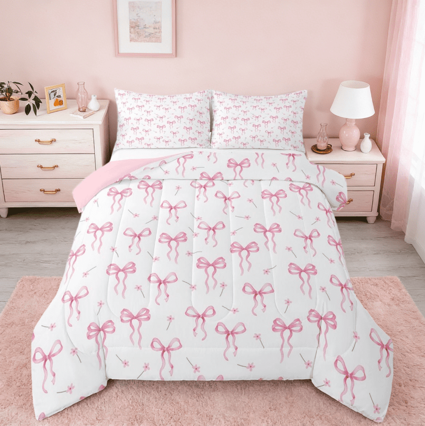 jejeloiu Kawaii Bow Full Size Comforter Sets,Girls Bow Knot Bedding Comforter Set,Pink White Flower Bedding Sets For Child,Breathable Bedroom Decorative Reversible,3pcs
