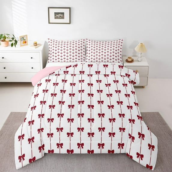jejeloiu Kawaii Bow Full Size Comforter Sets,Girls Bow Knot Bedding Comforter Set,Red Stripes Lines Bedding Sets For Children,Breathable Bedroom Decorative Reversible,3-Piece