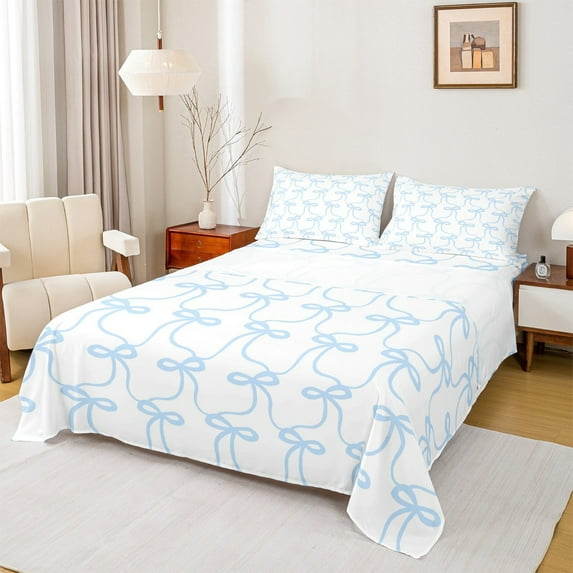 jejeloiu Kawaii Bow Full Size Sheets,Girls Bow Knot Bed Sheets,White Blue Sheet Sets For Princess,Breathable Bedroom Decorative,4 Pieces