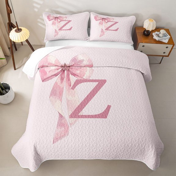 jejeloiu Kawaii Bow Initial Z Bed Spread Queen For Kids,Pink Monogram Design Queen Coverlet Set For Girls,3-Piece