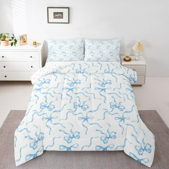 jejeloiu Kawaii Bow King Size Comforter Sets,Girls Bow Knot Bedding Comforter Set,Blue White Bedding Set,Breathable Bedroom Decorative Reversible,3-Piece