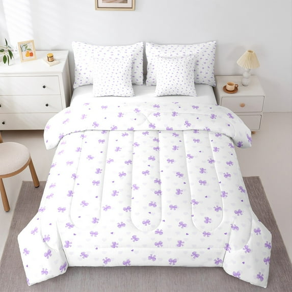 jejeloiu Kawaii Bow Knot Bedding Comforter Set 7 Pieces,Cartoon Bowtie Bow Full Bedding Set,Purple White Loves Fitted Sheet Flat Sheet For Children,Breathable Home Decor