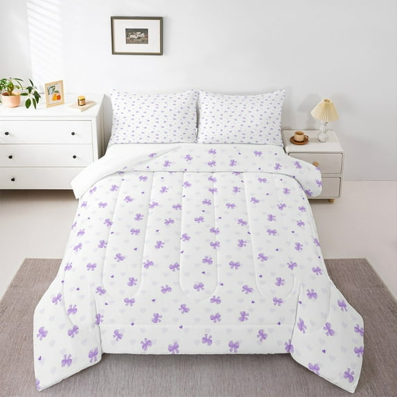jejeloiu Kawaii Bow Knot Bedding Comforter Set,Cartoon Bowtie Bow Twin Comforter Sets,Purple White Loves Bedding Set For Children,Breathable Home Decor,2 Pieces