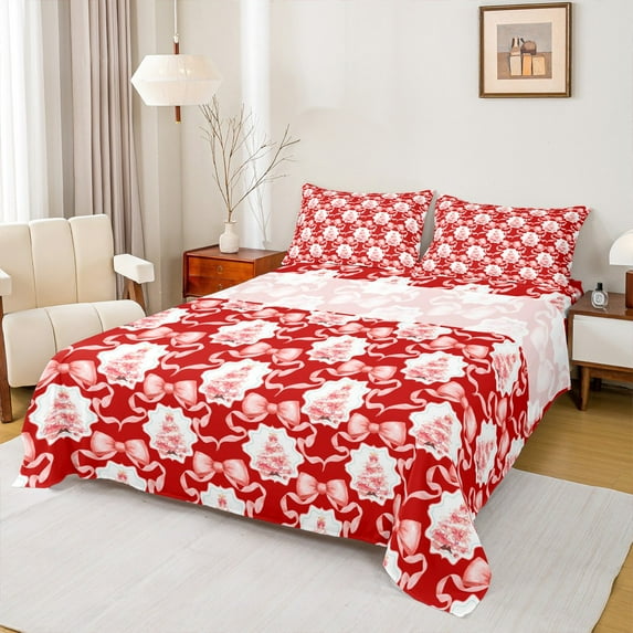 jejeloiu Kawaii Bow Knot Twin Sheet Set,Xmas Tree Red White,Breathable Decor For Kids,3-Piece