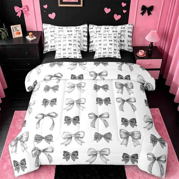 jejeloiu Kawaii Bow Ribbon 7 Pieces Bedding Comforter Set,Gray Cute Bowtie Full Bedding Set For Girls Teens Reversible