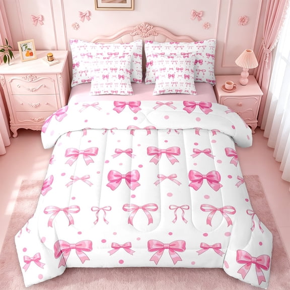 jejeloiu Kawaii Bow Ribbon 7 Pieces Bedding Comforter Set,Pink Cute Dots Full Bedding Set For Girls Teens Reversible
