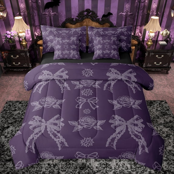 jejeloiu Kawaii Bow Ribbon 7pcs Bedding Comforter Set,Retro Rustic Flower Queen Bedding Sets,Purple Gray Queen Sheet Sets For Girl,Microfiber Bedroom Decor Reversible