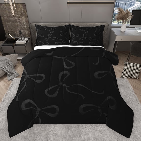 jejeloiu Kawaii Bow Ribbon Queen Comforter Set,Chic Ribbon Bowtie Bedding Sets,Black Bowknot Bedding Comforter Set For Girl Breathable Home Decor Reversible,3 Pieces