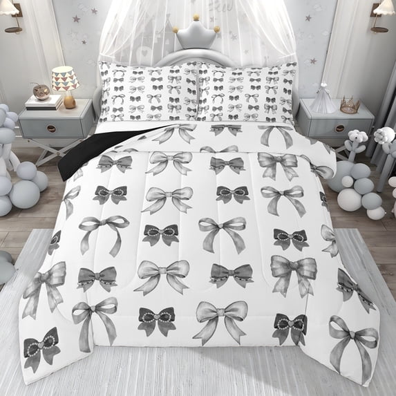jejeloiu Kawaii Bow Ribbon Queen Comforter Set,Gray Cute Bowtie Bedding Comforter Set For Girls Teens Reversible 3 Pieces