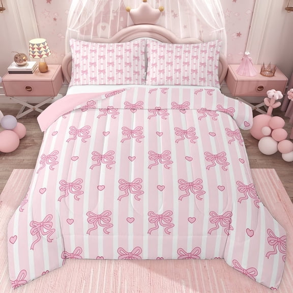 jejeloiu Kawaii Bow Ribbon Twin Comforter Sets,Pink Cute Bowtie Bedding Set For Girls Teens Reversible 2pcs