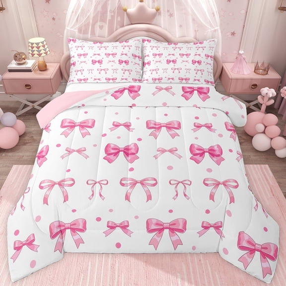 jejeloiu Kawaii Bow Ribbon Twin Comforter Sets,Pink Cute Dots Bedding Set For Girls Teens Reversible 2 Pieces