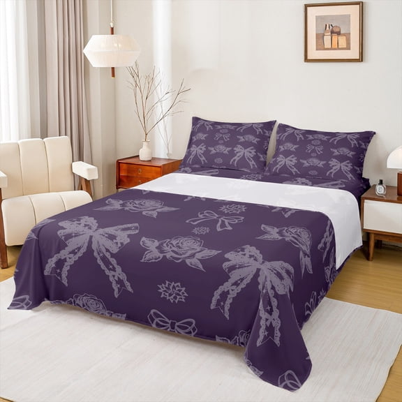 jejeloiu Kawaii Bow Ribbon Twin Sheet Sets,Retro Rustic Flower Twin Fitted Sheet,Purple Gray Flat Sheet For Girl,Microfiber Bedroom Decor,3 Pieces