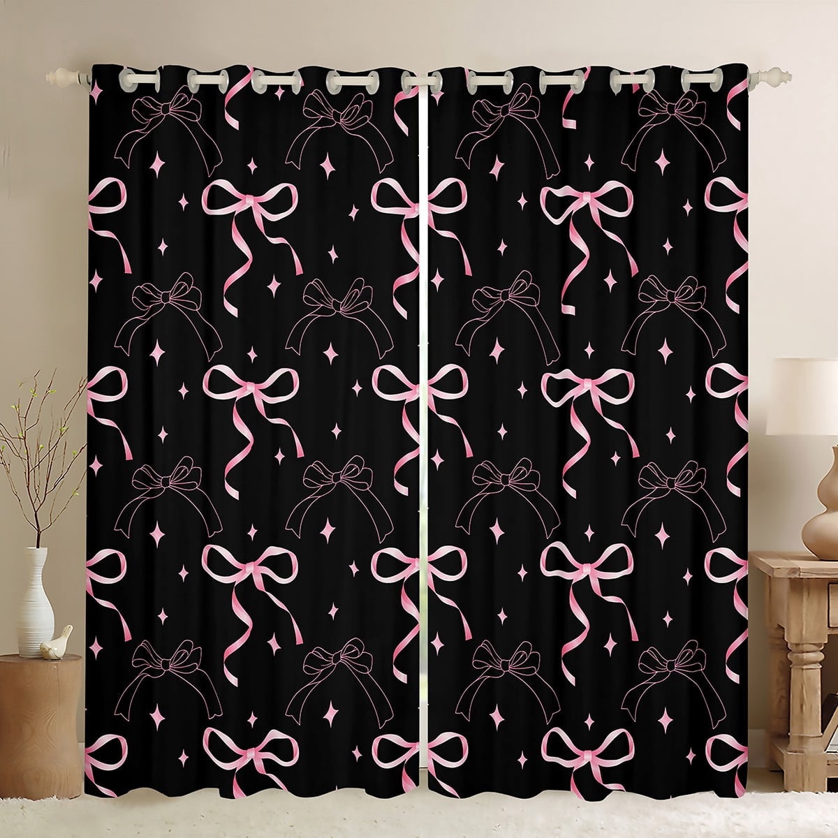 jejeloiu Kawaii Bow Stars Black Out Curtains,Girls Bow Knot Curtains Pack of 2 (42x63 Each),Pink Black Bedroom Curtains,Breathable Bedroom Decorative