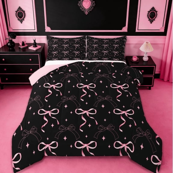 jejeloiu Kawaii Bow Stars Full Size Comforter Sets,Girls Bow Knot Bedding Comforter Set,Pink Black Bedding Sets,Breathable Bedroom Decorative Reversible,3pcs