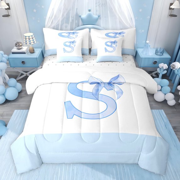 jejeloiu Kawaii Bow Tie 7-Piece Bedding Comforter Set,Initial Letter B King Bedding Sets For Girls Teens Reversible