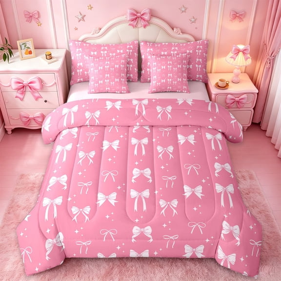 jejeloiu Kawaii Bow Tie 7-Piece Twin Bedding Sets,Cartoon Stars Print Bedding Comforter Set For Girls Teens Reversible