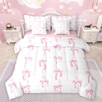 jejeloiu Kawaii Bow Tie 7-Piece Twin Bedding Sets,Geomatric Polka Dots Bedding Comforter Set,Pink Cute Bowknot Sheet Sets For Girls Boys,Luxury Bedroom Decor Reversible