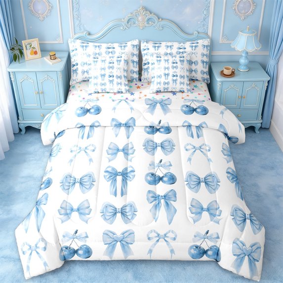 jejeloiu Kawaii Bow Tie 7pcs Bedding Comforter Set,Blue Cherry Print Queen Bedding Sets For Girls Teens Reversible