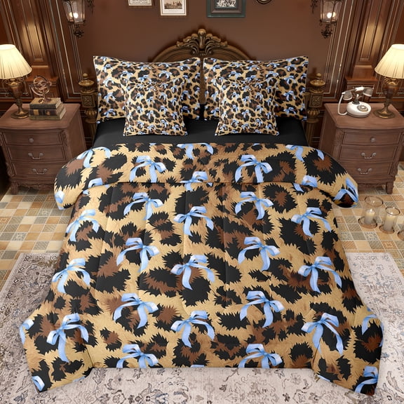 jejeloiu Kawaii Bow Tie 7pcs Bedding Comforter Set,Retro Leopard Cheetah Hide Queen Bedding Sets,Blue Brown Queen Sheet Sets For Adults,Microfiber Bedroom Decor Reversible